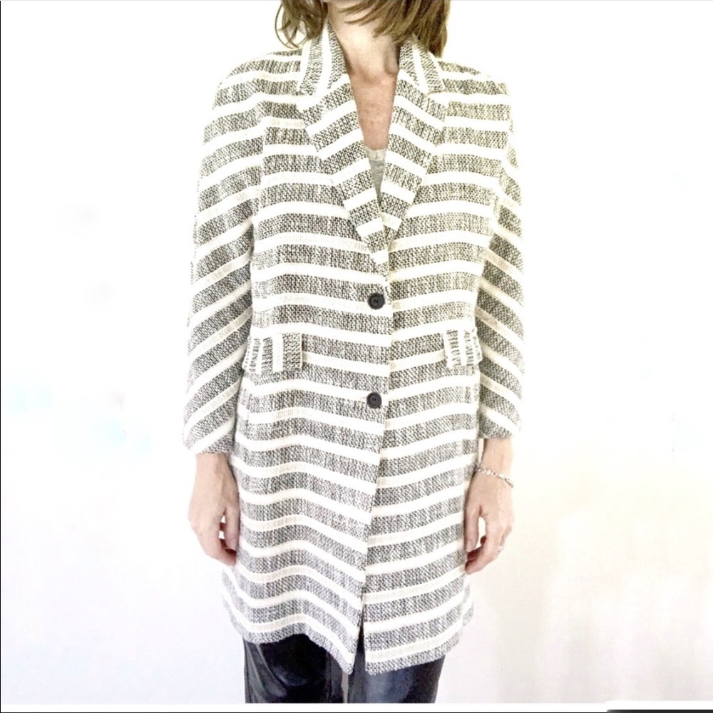 Zara knit mid length cotton striped jacket grey and cream colour